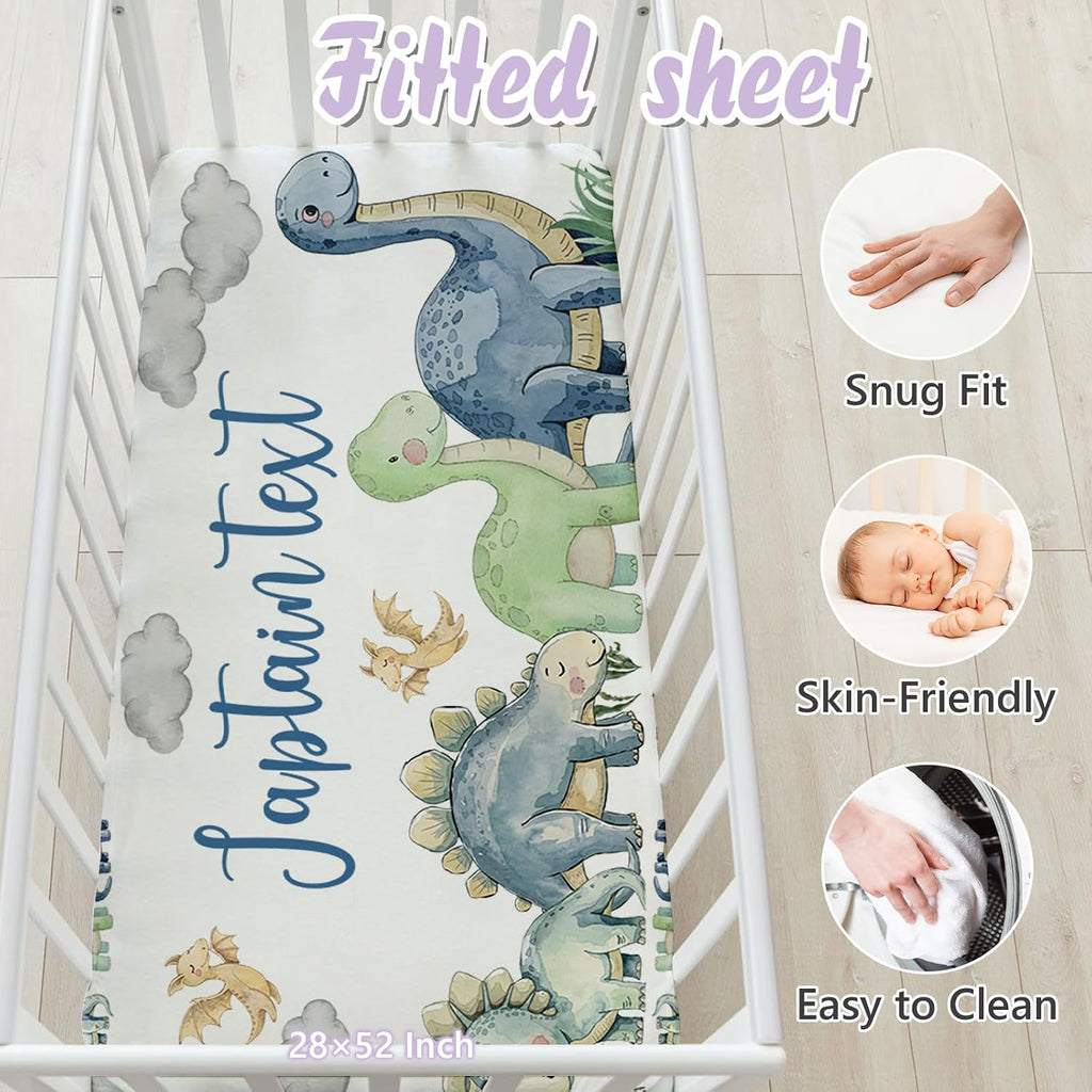 Personalized Baby Crib Bedding Set, 5 Pcs Custom Name Nursery Bedding Set for Girls Boys, Green Dinosaur Baby Crib Set for Toddlers Infants, Double Layer Bedding Crib Sets Customized Gifts