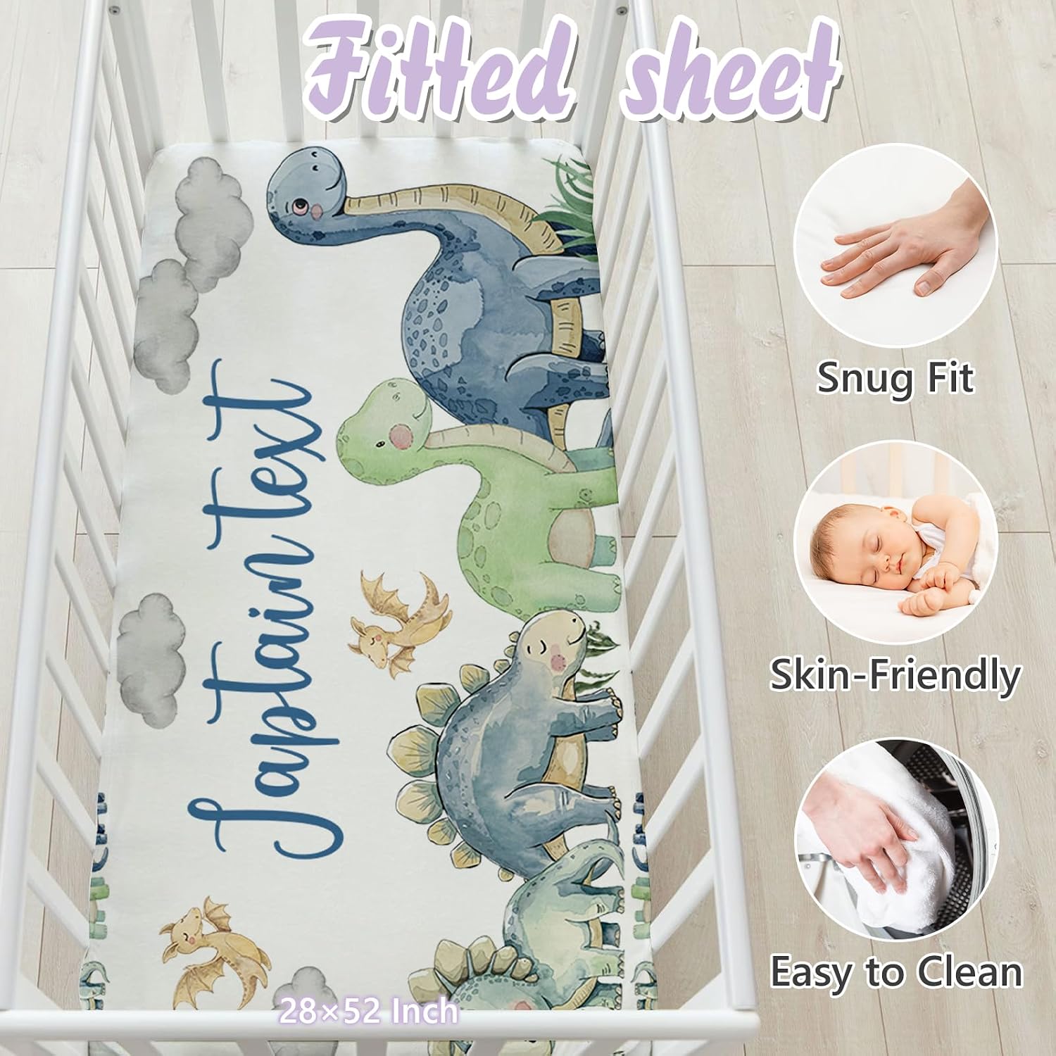 Personalized Baby Crib Bedding Set, 5 Pcs Custom Name Nursery Bedding Set for Girls Boys, Green Dinosaur Baby Crib Set for Toddlers Infants, Double Layer Bedding Crib Sets Customized Gifts