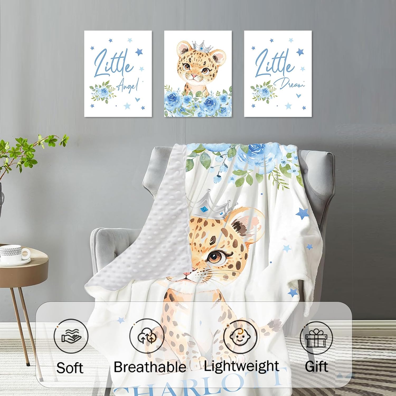 TOOTANN Custom Baby Crib Bedding Set, 5 Pcs Personalized Name Baby Crib Sheets for Kid Toddler Infant, Blue Floral Leopards Nursery Bedding Set