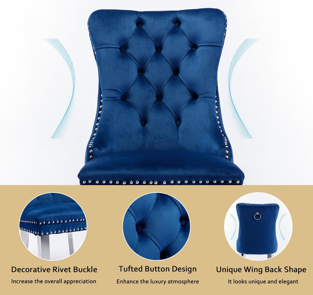 2 Piece Contemporary Velvet Upholstered Dining Chair with Chrome Stainless Steel Plating Legs, Nail Head Decro, Armless Tufted Dining Chair Fabric Dining Room Chair (Blue&Silver, Set of 2)