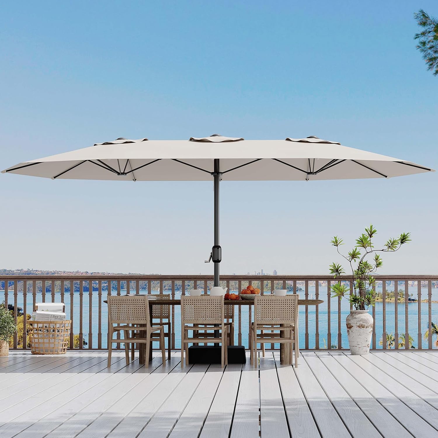 Garvee 15 ft Rectangular Patio Umbrella with Base Included - Large Patio Umbrella with Crank Handle, UV Protection for Outdoor Market, Backyard, Pool - Beige