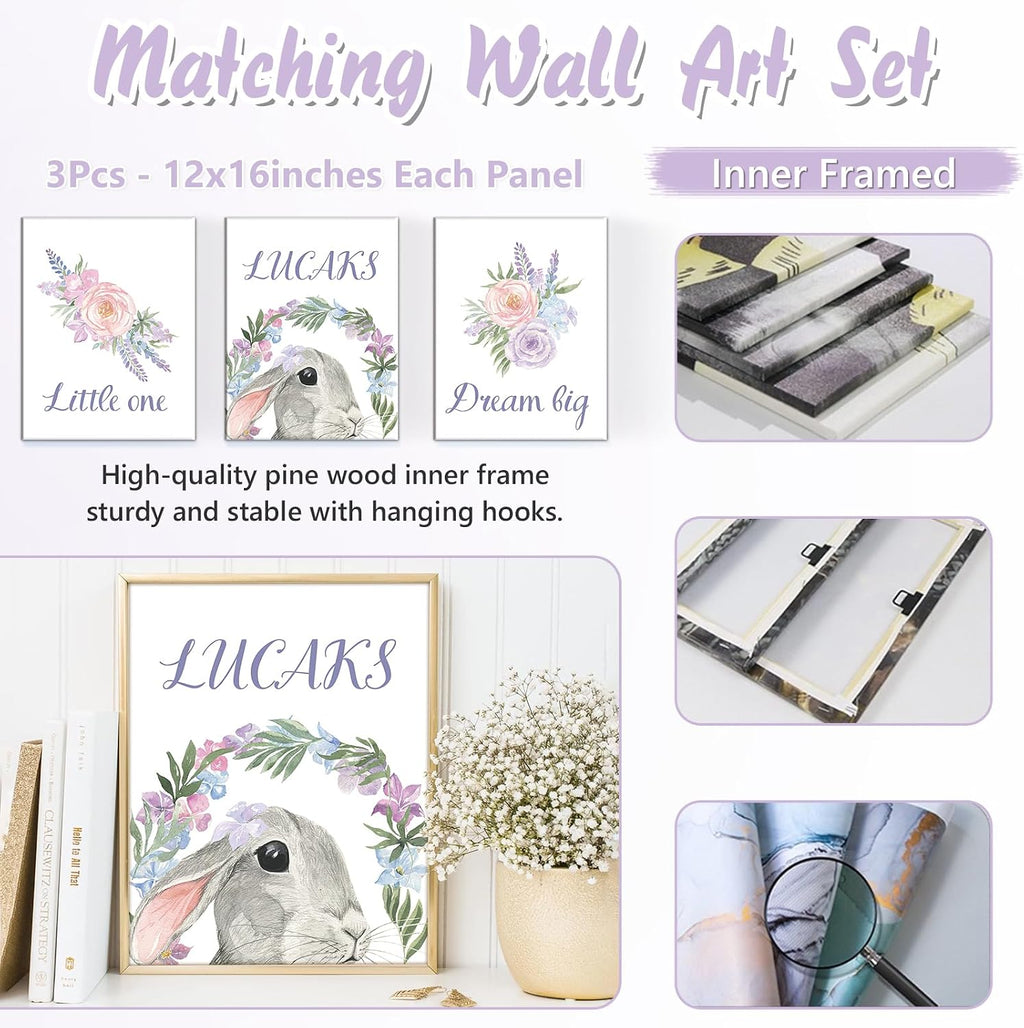 Custom Baby Crib Bedding Set, 5 PCS Personalized Name Baby Crib Sets for Girls Boys, Rabbit Theme Nursery Bedding Sets for Infant Toddler, Double Layer Flannel Bed Set Customized Gifts
