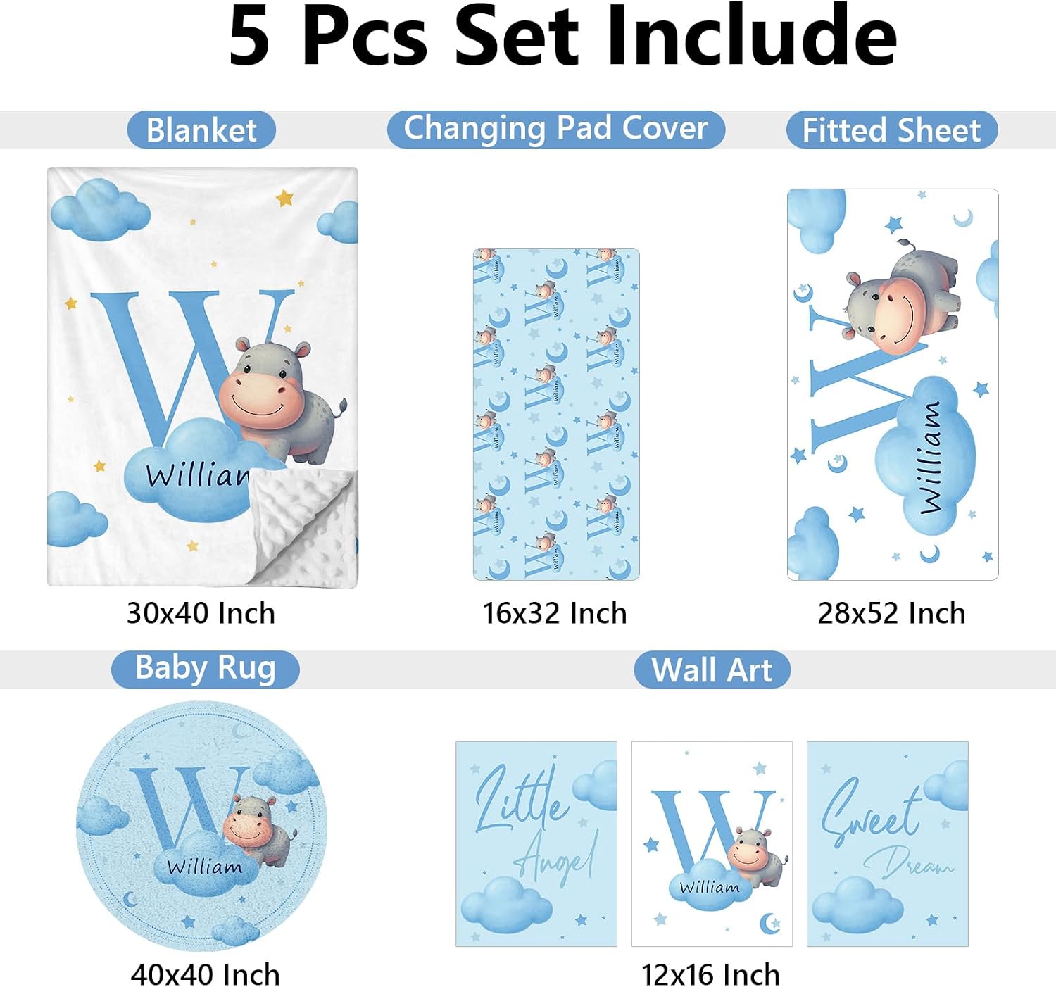KAINSY Custom Crib Bedding Set, 5 Pcs Personalized Name Monogram Baby Crib Sets for Infants Toddlers, Blue Hippo Nursery Bedding Set for Boys Girls, Double Layer Baby Bedding Sets Customized Gifts