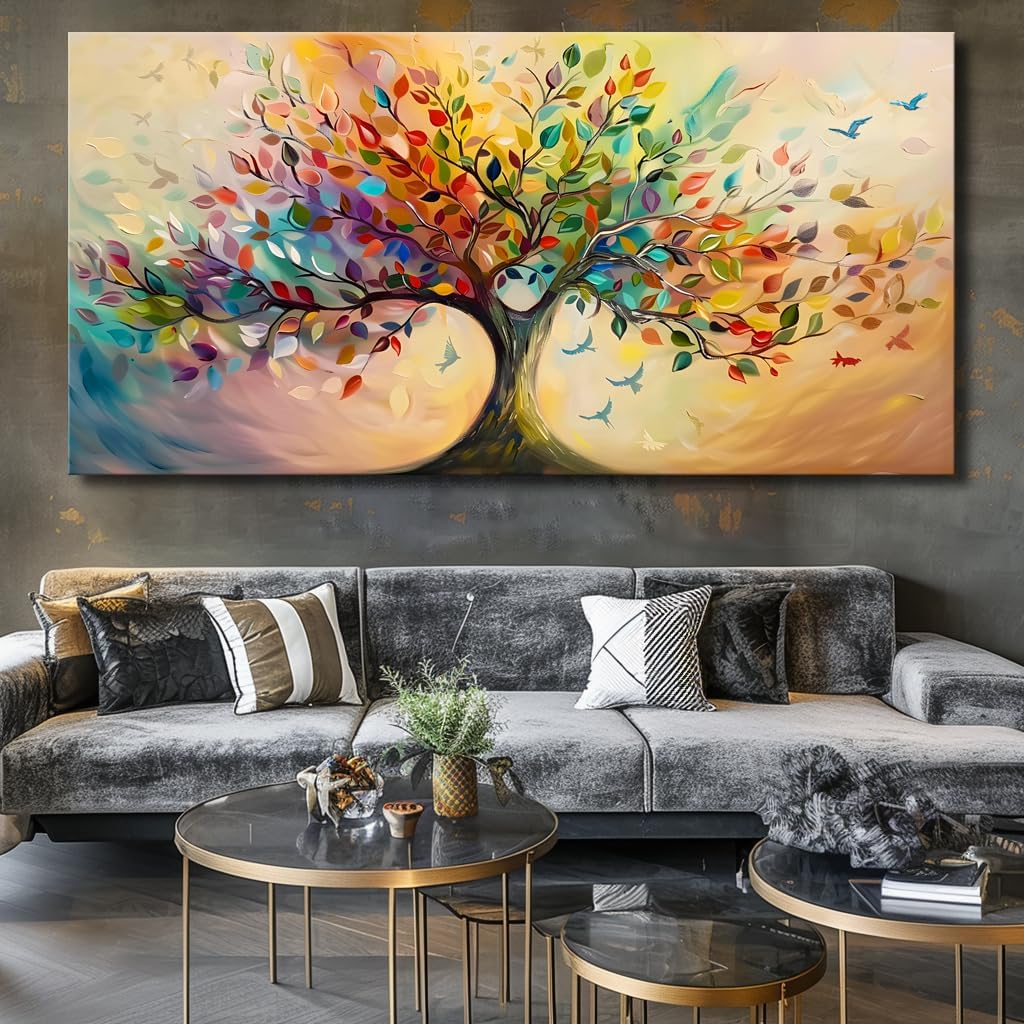 Vibrant Tree of Life Wall Art Colorful Framed Canvas Print for Living Room, Bedroom, Dining Room, or Home Office Modern Ready to Hang Decor,Nature Inspired Home Decoration - 79'x40'