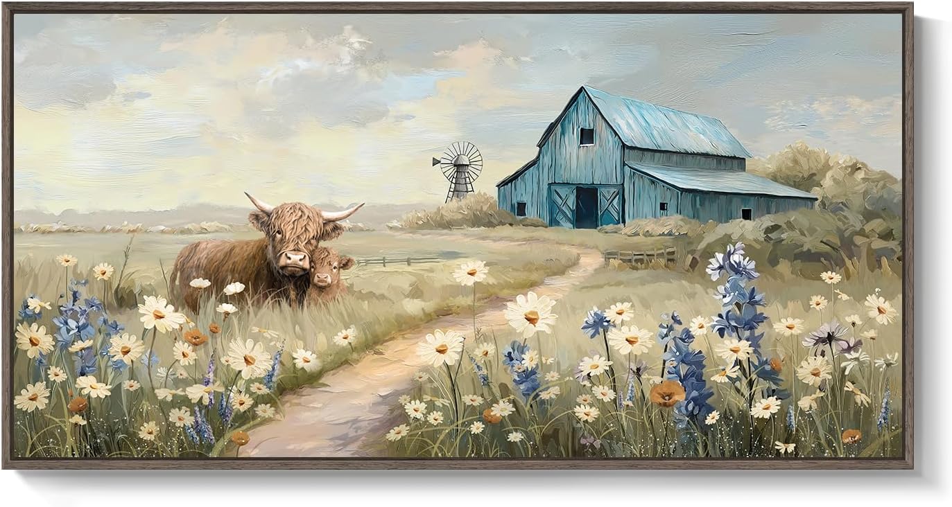 Extra Large Framed Farmhouse Style Wall Art - Vintage Rustic Canvas Art Print - Wildflower Highland Cow, Windmill & Teal Barn - Country Farm Painting for Living Room 30x60 Inch