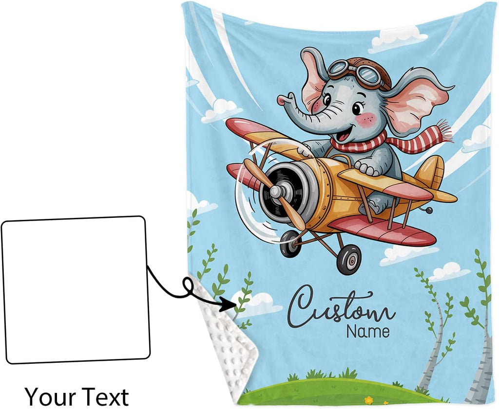 Personalized Crib Bedding Set for Baby Boys, Custom Name Baby Crib Sets 5-Pcs Include Toddler Double Layer Blanket Fitted Sheet Changing Pad Cover Rug Wall Art Set, Elephant Glider Theme Nursery Décor