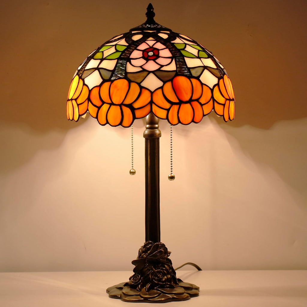 Tiffany Table Lamp Stained Glass Desk Lamp 12X12X21Inch Resin Base for Bedroom Living Room Reading Light (Orange Flower)