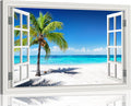 Ocean Wall Art Beach Picture for Living Room White Window Frame Style Palm Tree Art Print on Canvas Large Blue Sea View Painting Artwork for Bedroom Home Office Decoration, Ready to Hang(32'×48')