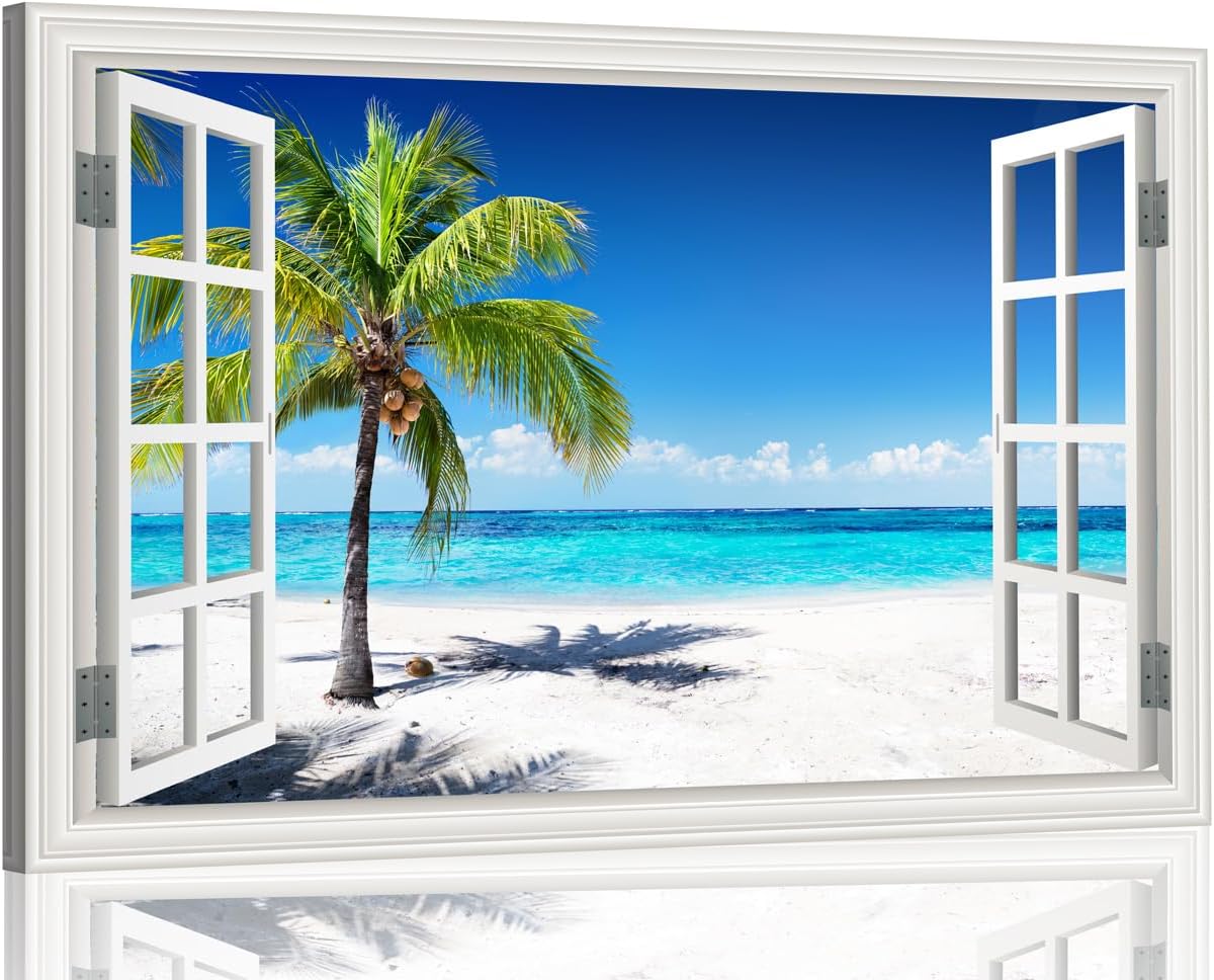 Ocean Wall Art Beach Picture for Living Room White Window Frame Style Palm Tree Art Print on Canvas Large Blue Sea View Painting Artwork for Bedroom Home Office Decoration, Ready to Hang(32'×48')
