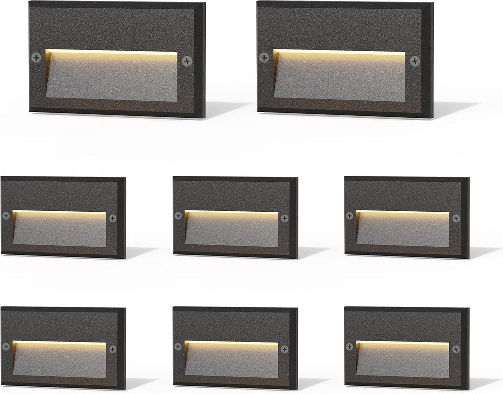 GOODSMANN Low Voltage Step Lights Kits 5.5 Inch Outdoor 12V AC Landscape Stair Lights Wired 8PK 3W LED Electric Outdoor Deck Lighting Black Metal 49 Lumens 3000K Warm White with Cable Connectors