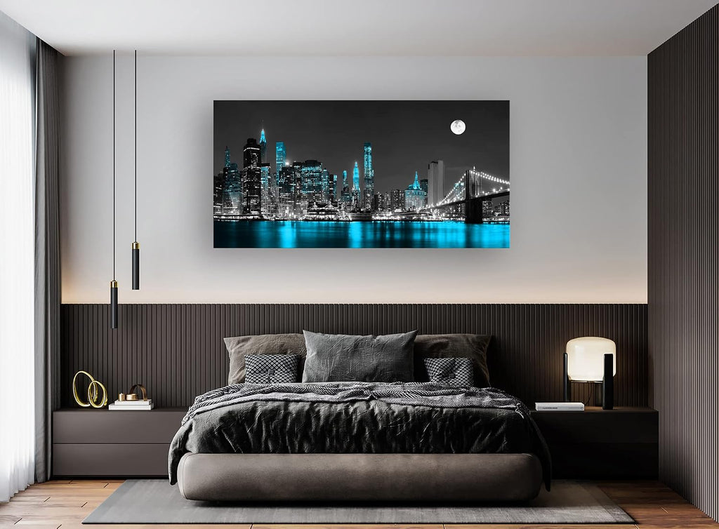 Jiuqinghua Wall Art Decor Canvas Print Picture 1 Panel Black White and Blue New York Brooklyn Bridge Cityscape Night Building Painting for Kitchen Office Home Decor Framed Ready to Hang 30x60inch