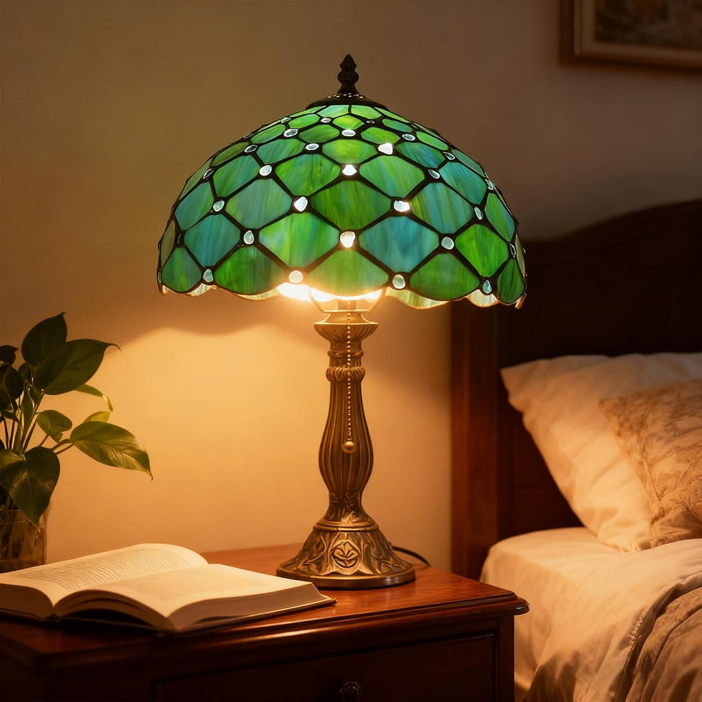 MOAN Lamp Stained Glass Table Lamp 12X12X19 Inch Bedside Reading Light Antique Bronze Base(Sea Blue Pearl Style)