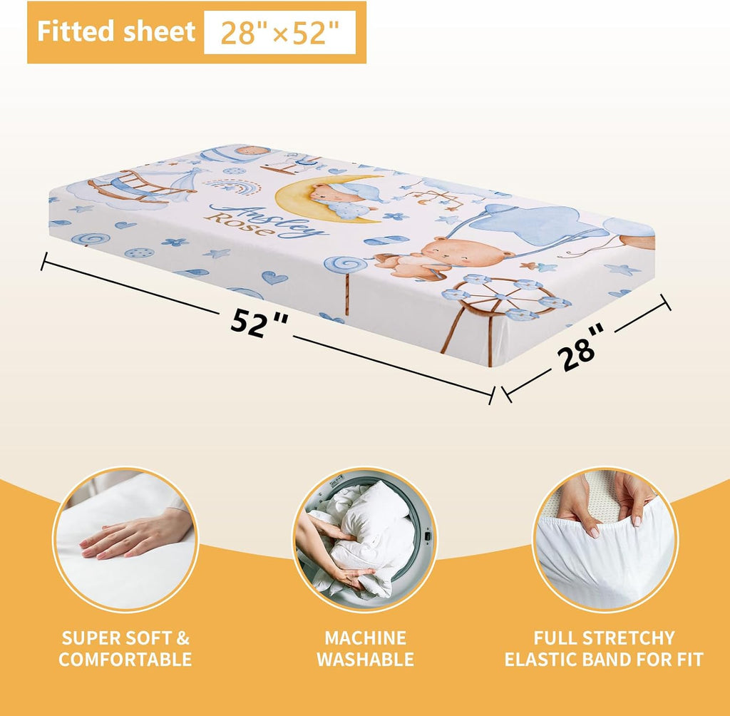 Terwex Personalized Baby Crib Bedding Set, 5 Pcs Custom Name Baby Crib Set with Double Layer Blanket, Soft Blue Moon Bear Nursery Bedding Set for Girls Boys, Customized Gifts for Toddlers Infants