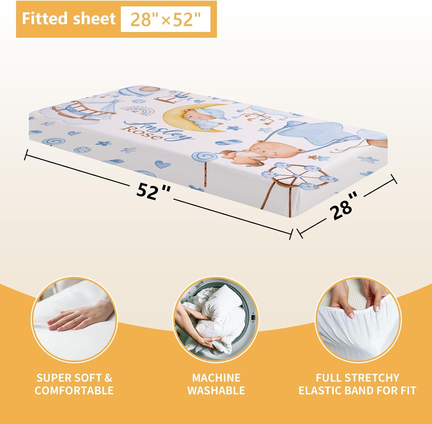 Terwex Personalized Baby Crib Bedding Set, 5 Pcs Custom Name Baby Crib Set with Double Layer Blanket, Soft Blue Moon Bear Nursery Bedding Set for Girls Boys, Customized Gifts for Toddlers Infants