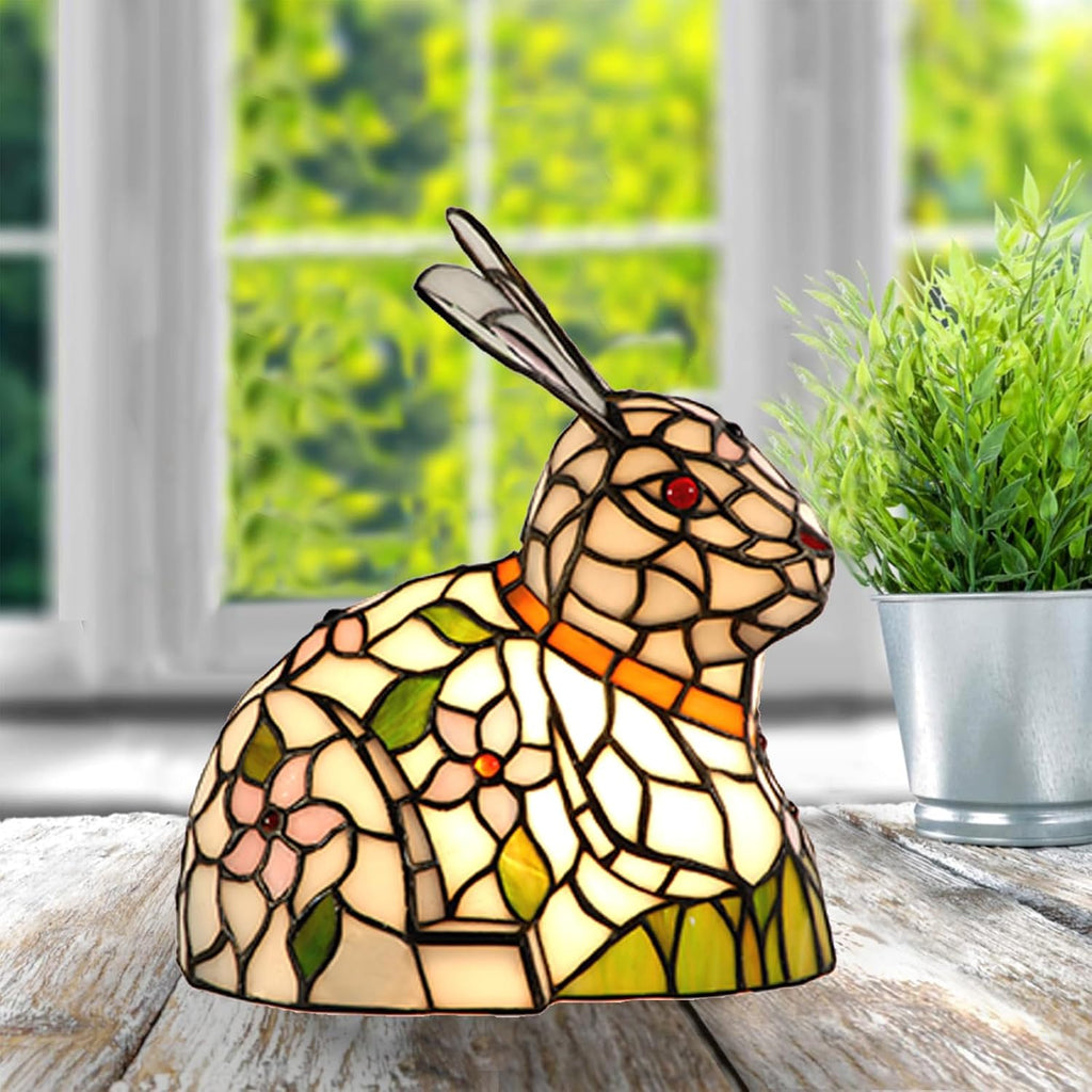 A0012 Tiffany Style Lovely Ratbbit Table Lamp Handmade Stained Glass Animal Night Light, Bunny Accent Table Lamp for Livingroom Bedroom Home Decoration