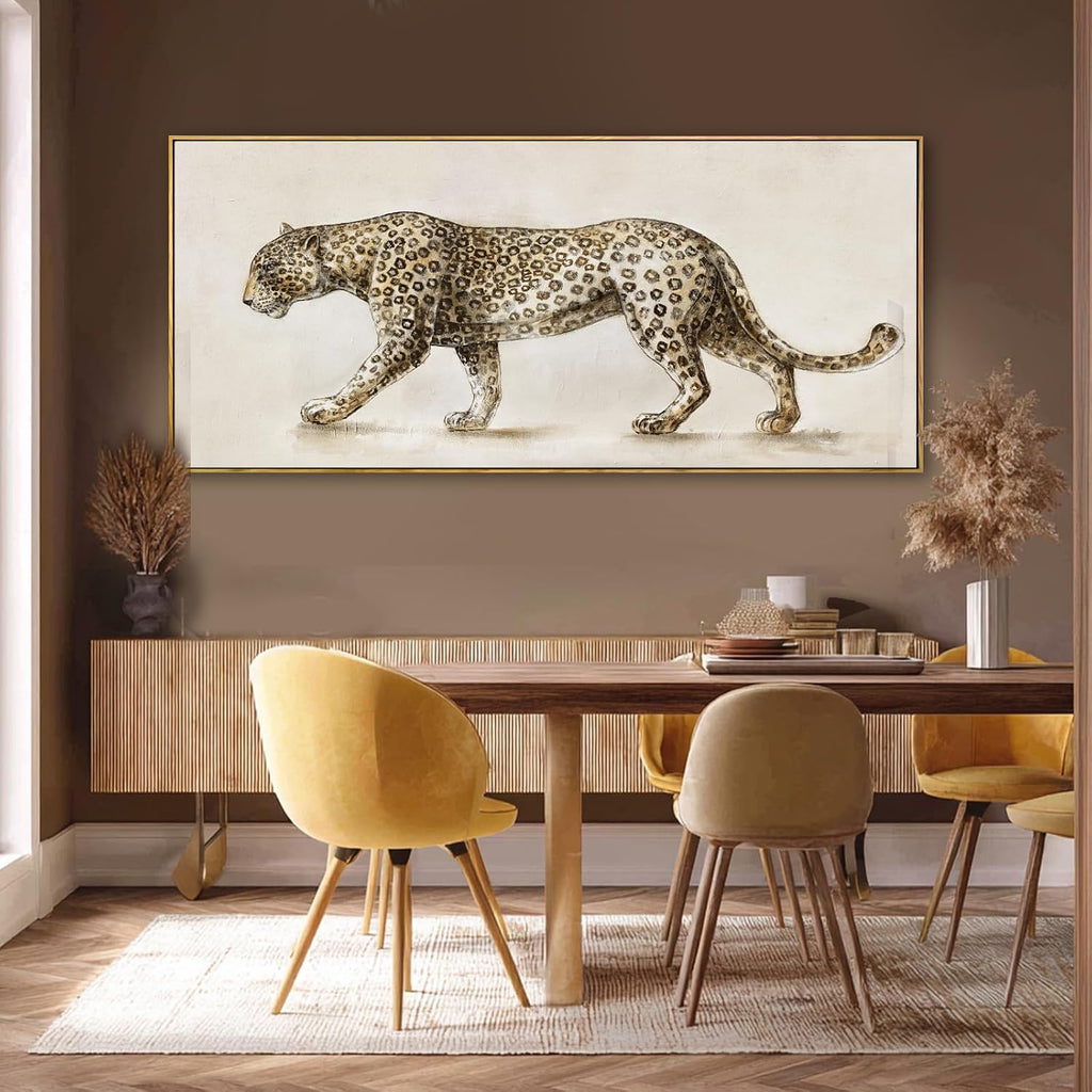 Leopard Canvas Wall Art, Neutral Animal Framed Artwork, Extra Wide Horizontal Wall Decor, Large 32×70 Inch Art for Living Room Bedroom Over Sofa