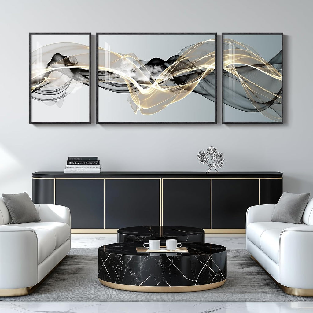 Extra Large Framed Modern Luxury Abstract Wall Art for Living Room, Set of 3 Minimalist Black White Gold Abstract Paintings Artwork for Walls, Big Art Prints Pictures for Hallway Dining Room Office Wall Decor