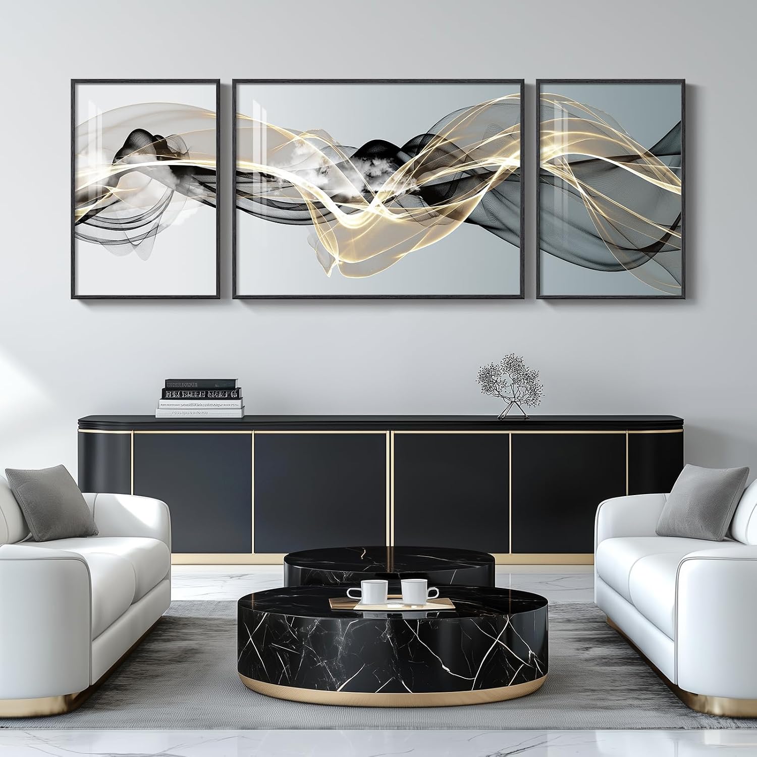 Extra Large Framed Modern Luxury Abstract Wall Art for Living Room, Set of 3 Minimalist Black White Gold Abstract Paintings Artwork for Walls, Big Art Prints Pictures for Hallway Dining Room Office Wall Decor