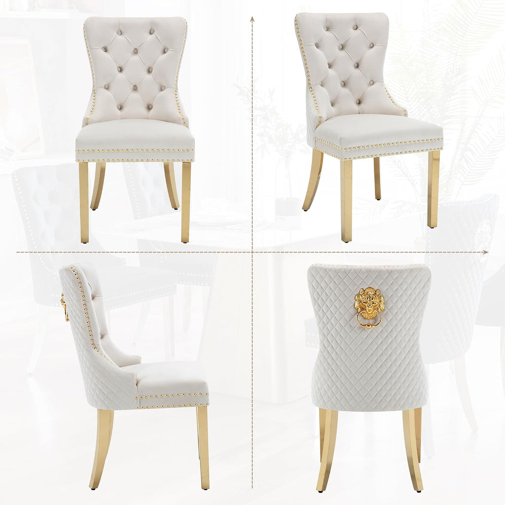 Velvet Dining Chairs Set of 6, Upholstered Dining Room Chairs, Mid-Century Modern Chairs with Diamond Lattice Tufted Back, Lion Pull Ring Rivet Trim, Golden Metal Legs for Kitchen, Beige