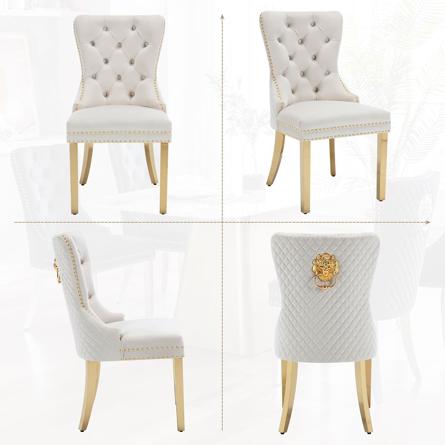 Velvet Dining Chairs Set of 6, Upholstered Dining Room Chairs, Mid-Century Modern Chairs with Diamond Lattice Tufted Back, Lion Pull Ring Rivet Trim, Golden Metal Legs for Kitchen, Beige