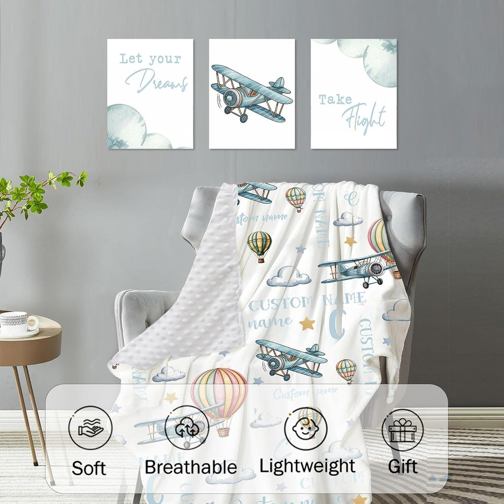 Personalized Crib Bedding Set for Baby Boys, Custom Name Baby Crib Sets 5-Pcs Include Toddler Double Layer Blanket Fitted Sheet Changing Pad Cover Rug Wall Art Set, Airplane Cloud Design Nursery Décor