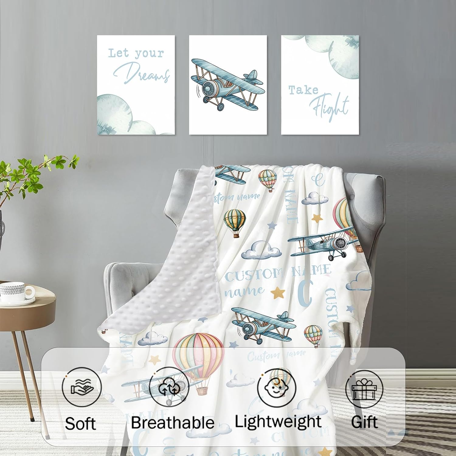 Personalized Crib Bedding Set for Baby Boys, Custom Name Baby Crib Sets 5-Pcs Include Toddler Double Layer Blanket Fitted Sheet Changing Pad Cover Rug Wall Art Set, Airplane Cloud Design Nursery Décor