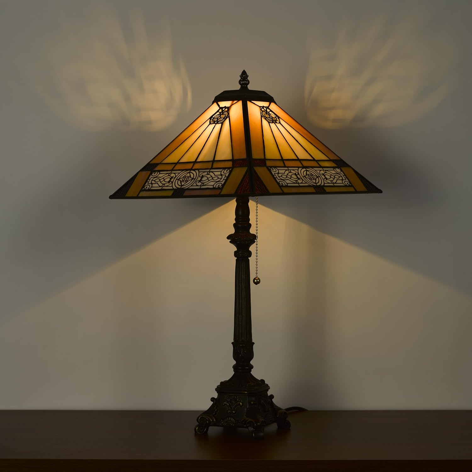 Tiffany Table Lamps Yellow Stained Glass Striped Checkered Style Mission Desk Lamp 12X12X24 Inch Bronze Resin Base