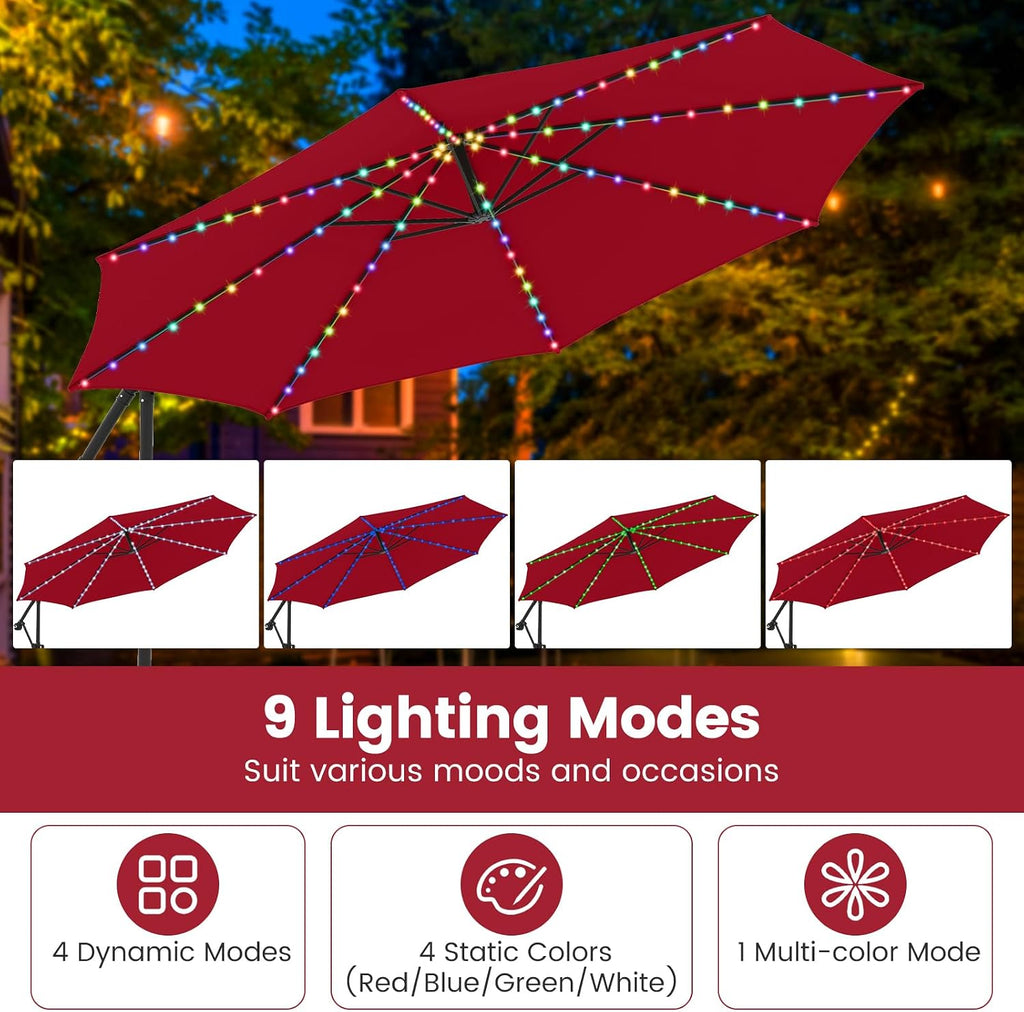 Tangkula 10 FT Solar Patio Umbrella with Base Included, Cantilever Offset Hanging Outdoor Umbrella with 96 Multi-Colored Flowing LED Lights, 9 Modes, Tilt Adjustment, 360° Rotation, Crank for Pool Yard Deck Lawn (Red)