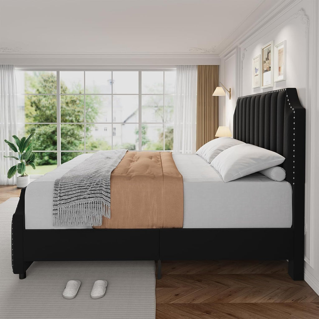 Queen Size Bed Frame, Platform Bed Frame with Velvet Upholstered 50.2'' Headboard, Rivet Decoration, Strong Wooden Slats, No Box Spring Needed, Easy Assembly, Black