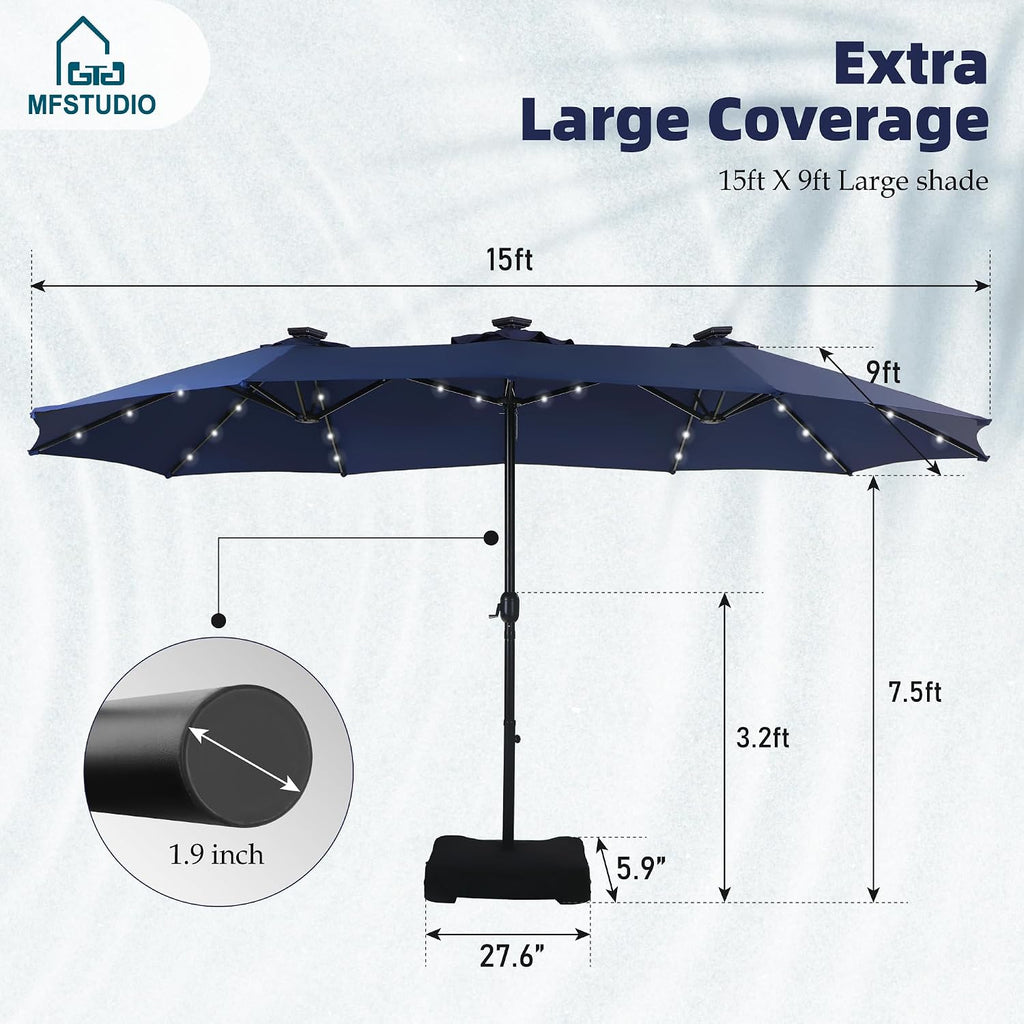 MFSTUDIO 15ft Double Sided Patio Umbrella with Solar Lights, Outdoor Large Umbrellas with Crank Handle and 36 LED Lights, Rectangular Market Umbrella with Base Included for Deck Pool Shade, Navy Blue