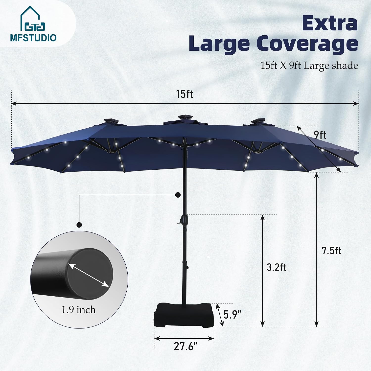MFSTUDIO 15ft Double Sided Patio Umbrella with Solar Lights, Outdoor Large Umbrellas with Crank Handle and 36 LED Lights, Rectangular Market Umbrella with Base Included for Deck Pool Shade, Navy Blue
