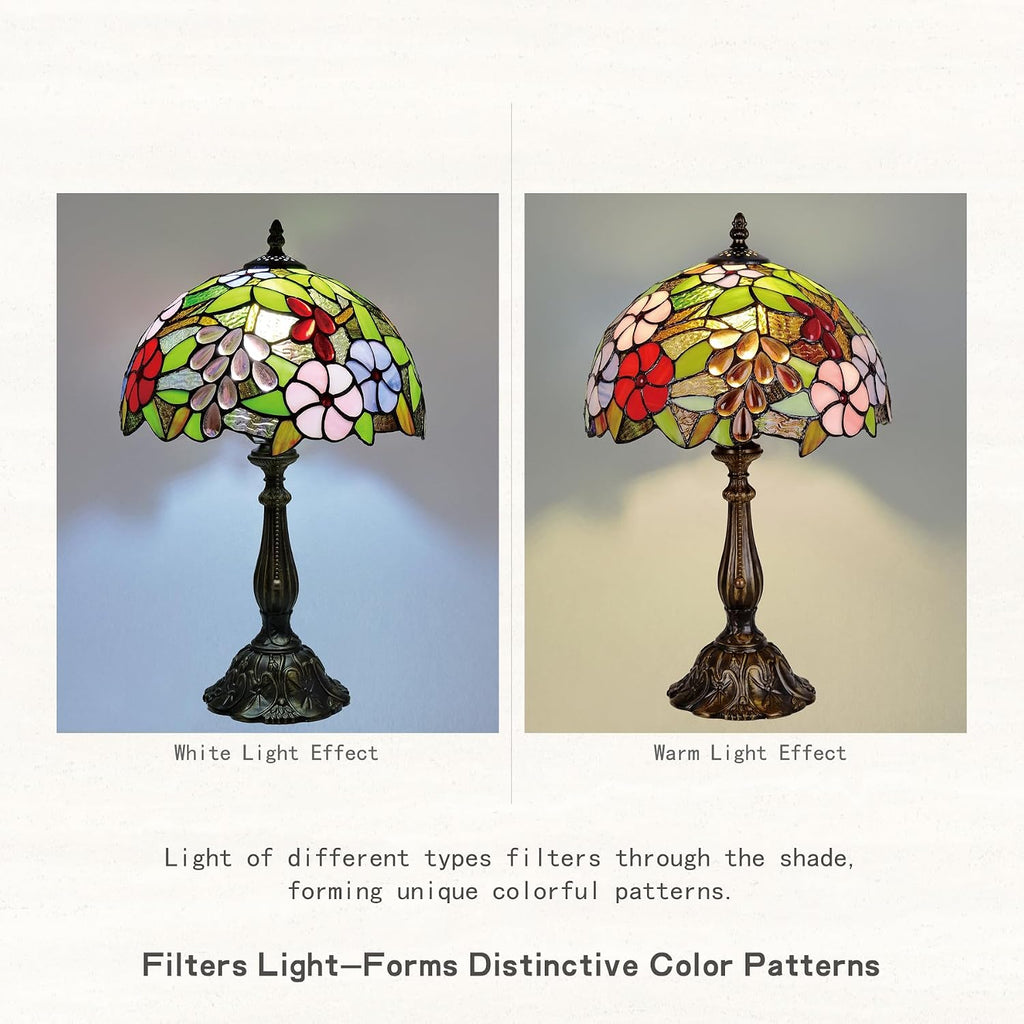 Tiffany Style Green Stained Glass Table Lamp, Purple Grape Colorful Blossom Desk Light with Antique Bronze Resin Base, Decorative Lighting for Bedroom, Living Room, Office 12X12X19 Inch
