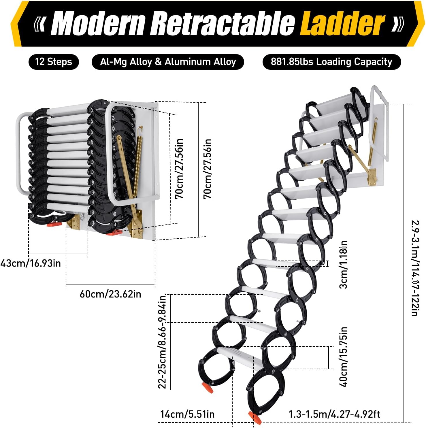 12 Steps Attic Ladder, Wall Mounted Pull Down Loft Steps Folding Stairs, 9.5-10.1Ft Height Aluminum Alloy Narrow Attic Extension Ladder w/Armrests for Basements Warehouses (12, Black2)