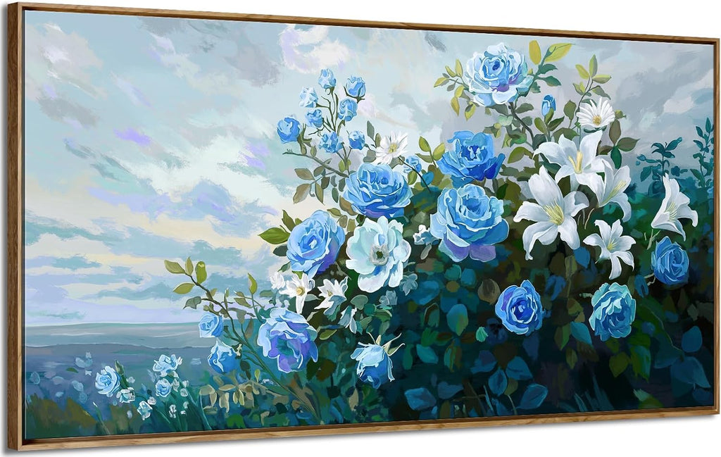 Framed Floral Wall Art for Bedroom Living Room – Blue and White Flowers Canvas Painting with Rustic Wood Frame – Botanical Artwork for Farmhouse & Cottage Décor 48x24 Inch