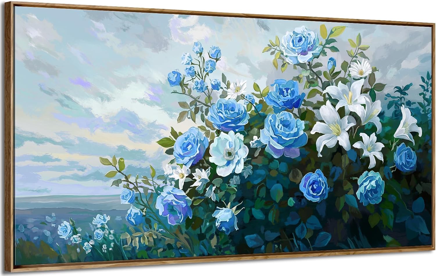 Framed Floral Wall Art for Bedroom Living Room – Blue and White Flowers Canvas Painting with Rustic Wood Frame – Botanical Artwork for Farmhouse & Cottage Décor 48x24 Inch