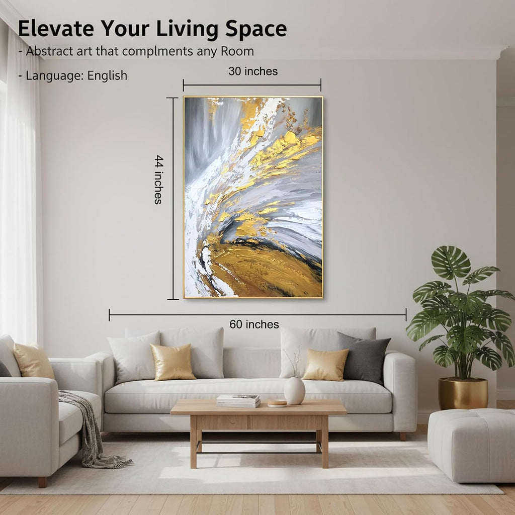 Large 3D Textured Abstract Canvas Wall Art for Entryway, Hand Painted Gold Foil Wall Painting for Office, Modern Luxury Gray & Gold Framed Artwork for Living Room Bedroom Home Décor 30x44 inches