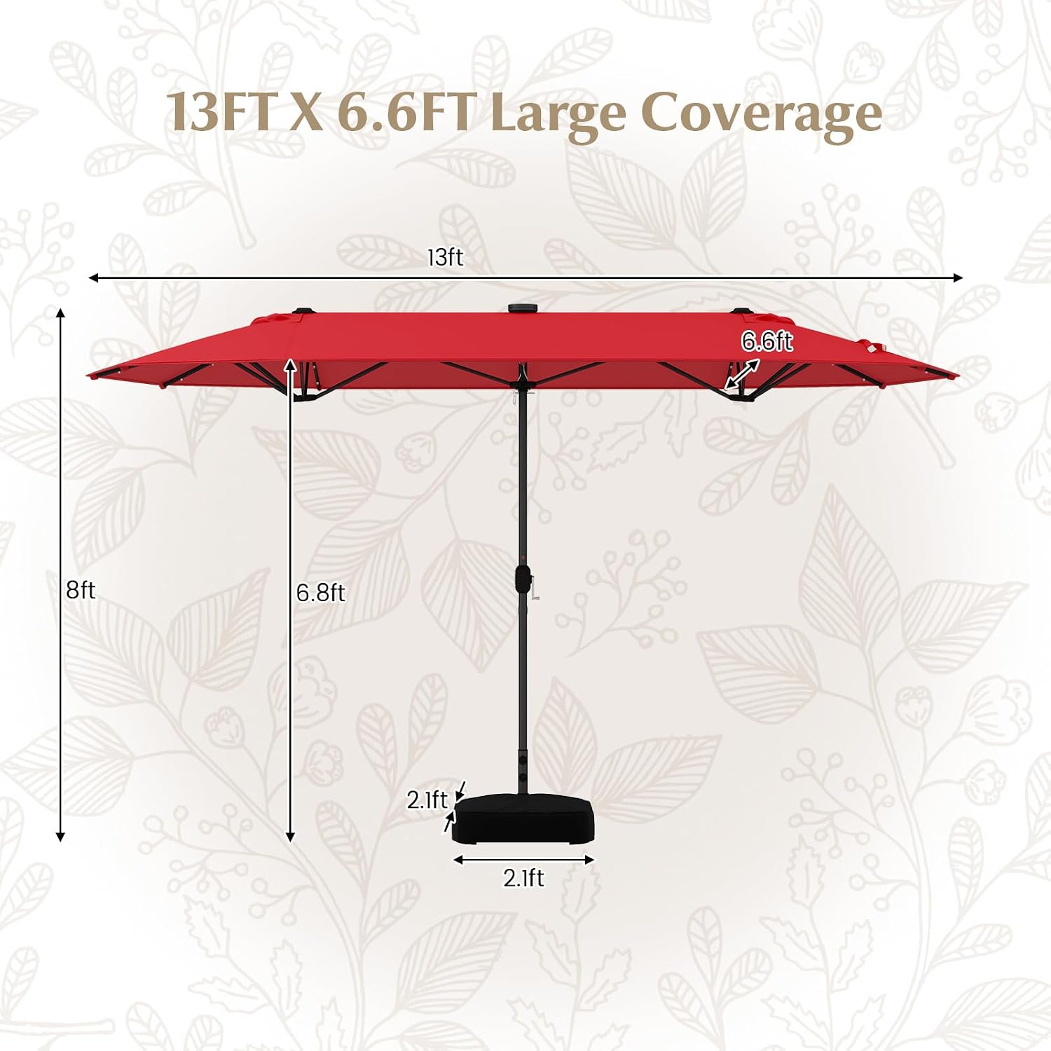 Tangkula 13FT Double-Sided Solar Patio Umbrella, Extra-Large Outdoor Twin Umbrella with 36 LED Lights, Vented Top, Crank Handle, 12 Ribs, Weighted Base Included for Backyard Poolside Deck (Wine)