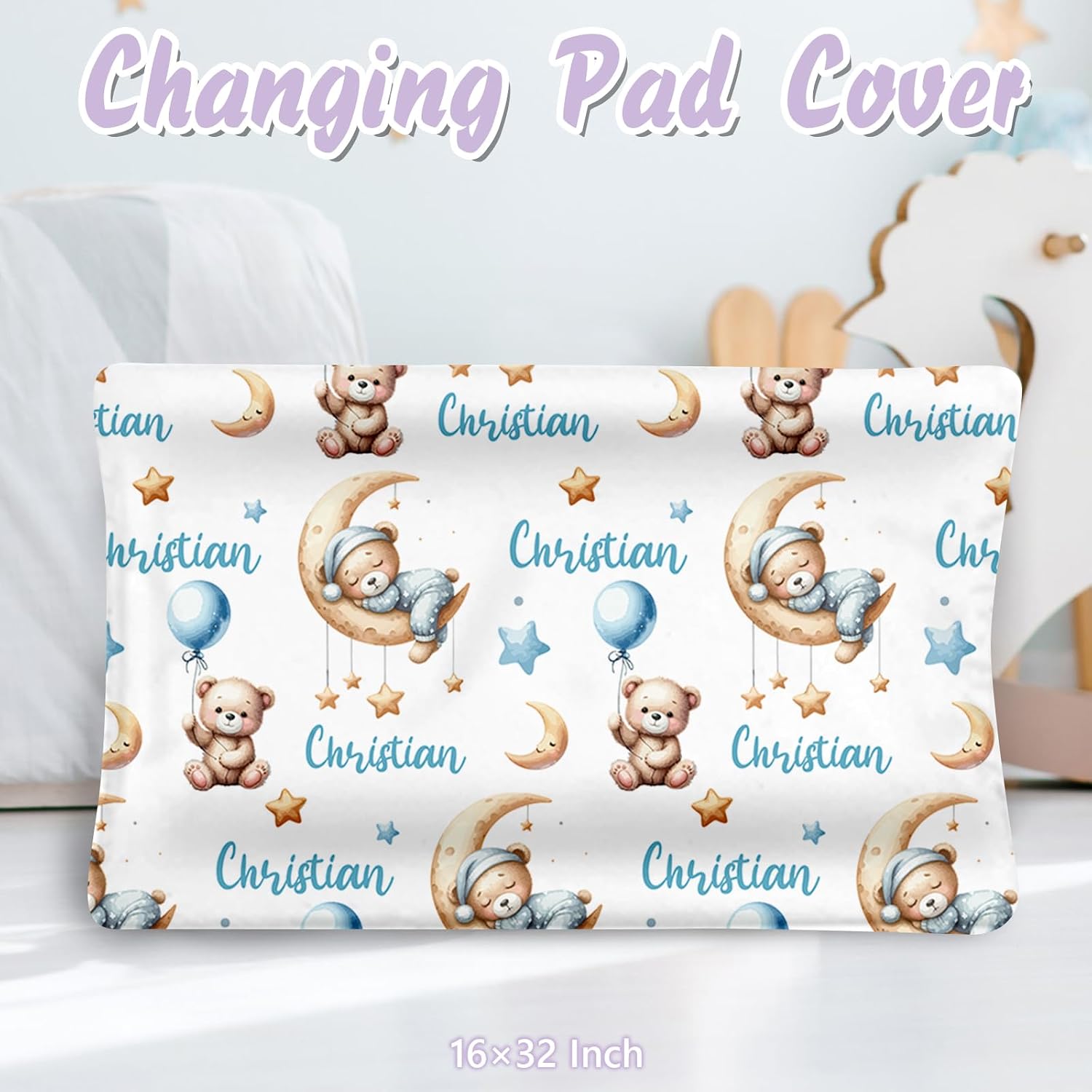 Personalized Baby Crib Bedding Set, 5 Pcs Custom Name Nursery Bedding Set for Girls Boys, Blue Moon Bear Baby Crib Set for Toddlers Infants, Double Layer Bedding Crib Sets Customized Gifts