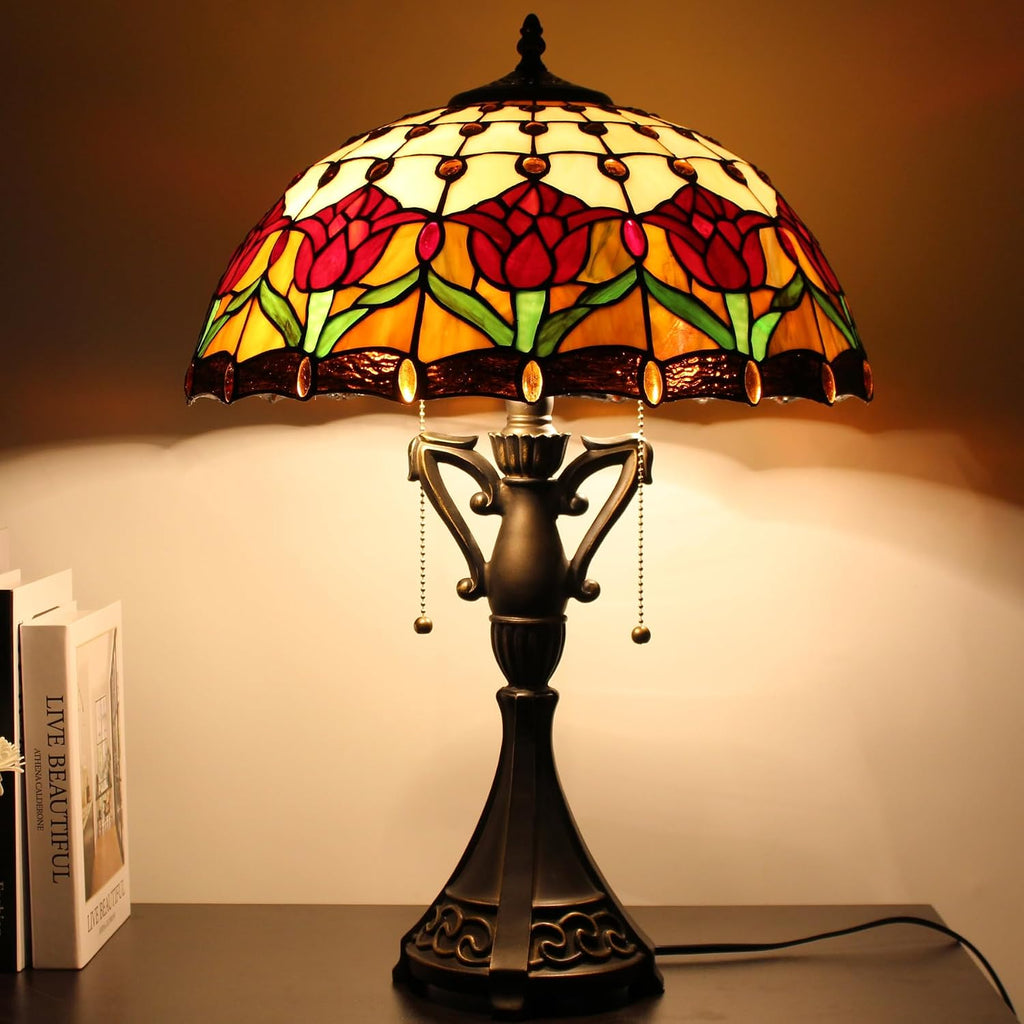 Table Lamp Base Replacement Only, Wide 6.6 Height 24 Inch, Fit for 12, 14, 16, 18 Inch Tiffany Style Stained Glass Lampshade, Dark Bronze Finish, Resin, Pull Chain Switch(O (W6.6H24 Inch))