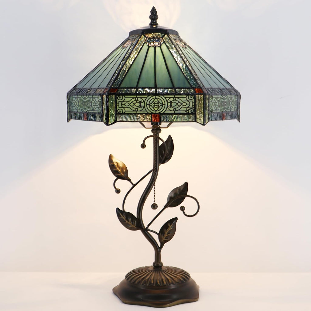Tiffany Table Lamp, Stained Glass Desk Light, W12H19 Inch, Metal Leaf Base (Mission Style)