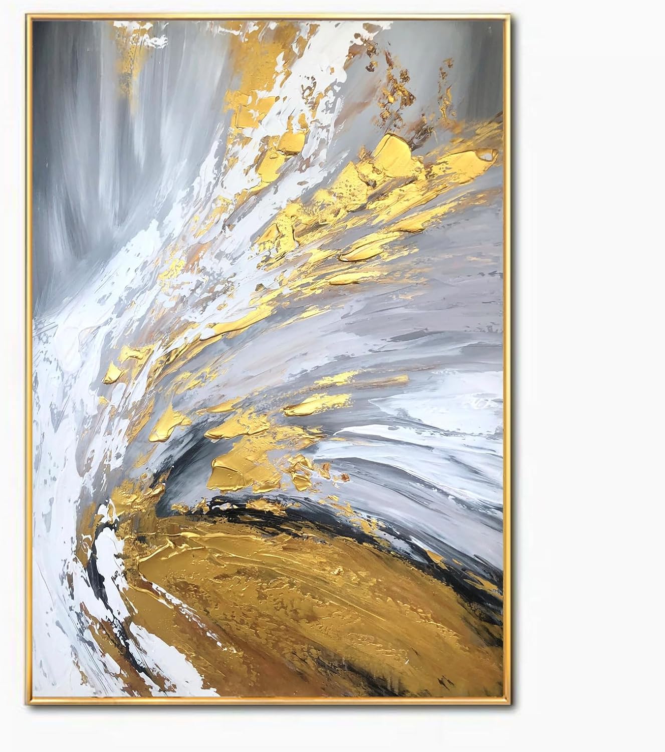 Large 3D Textured Abstract Canvas Wall Art for Entryway, Hand Painted Gold Foil Wall Painting for Office, Modern Luxury Gray & Gold Framed Artwork for Living Room Bedroom Home Décor 30x44 inches