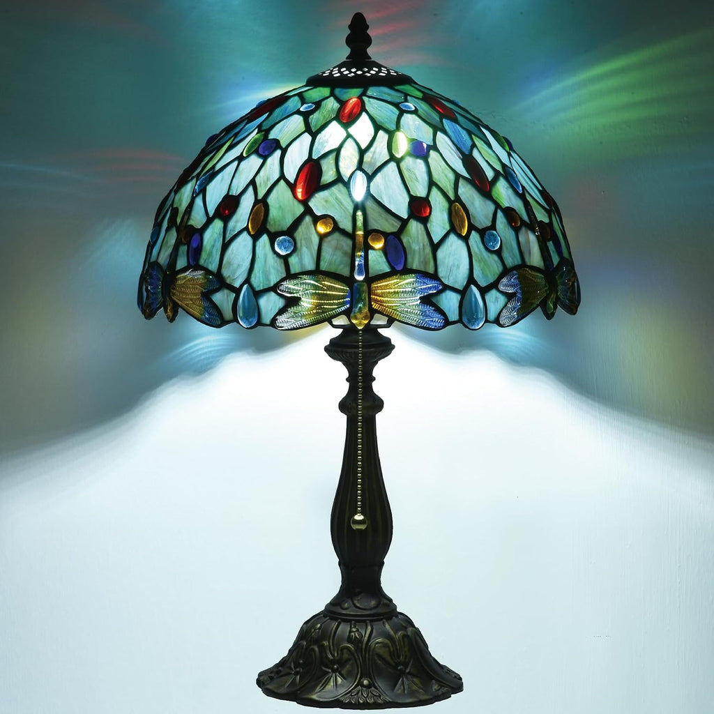 Tiffany Style Stained Glass Table Lamp 12-inch Dia Ocean Blue Dragonfly Design Lampshade Vintage Nightstand Light for Bedroom Dorm Living Hallway Cottage Office Cafe Ceremony Housewarming Gift