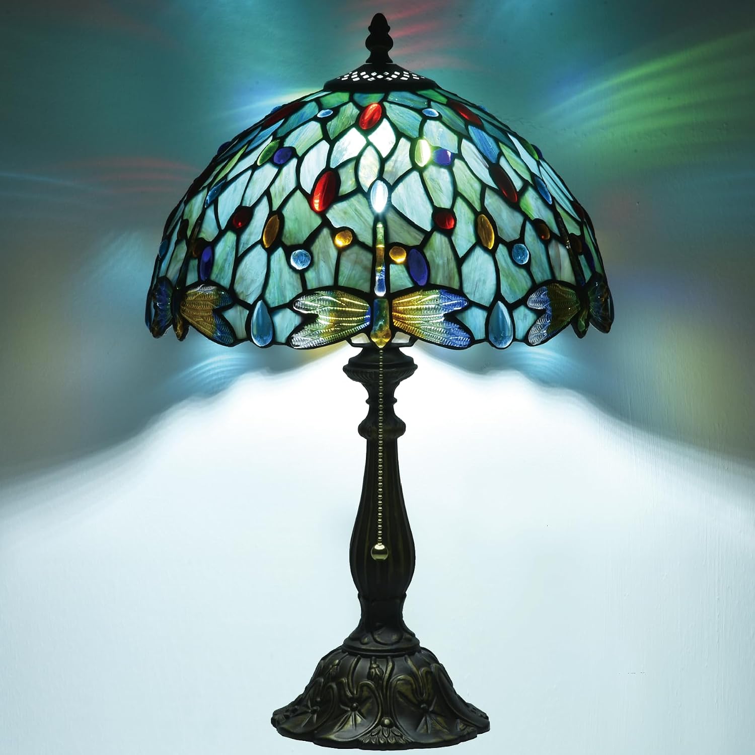 Tiffany Style Stained Glass Table Lamp 12-inch Dia Ocean Blue Dragonfly Design Lampshade Vintage Nightstand Light for Bedroom Dorm Living Hallway Cottage Office Cafe Ceremony Housewarming Gift