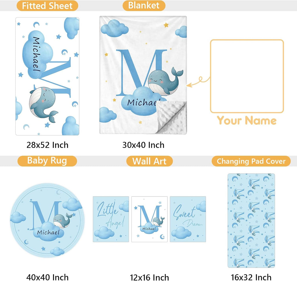 Terwex Personalized Crib Bedding Set, 5 Pcs Custom Nursery Bedding Sets with Name, Infant Bedding Set for Baby Boys Girls, Blue Dolphin Double Layer Baby Crib Set, Babies Toddlers Kids Customized Gift