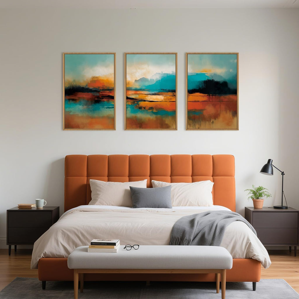 Large Abstract Burnt Orange Framed Canvas Wall Art,Neutral Blue and Black Wall Decor,Modern Brush Stroke Artwork,Minimalist Watercolor Art Print for Living Room,Bedroom,Office- 24'x36'x3