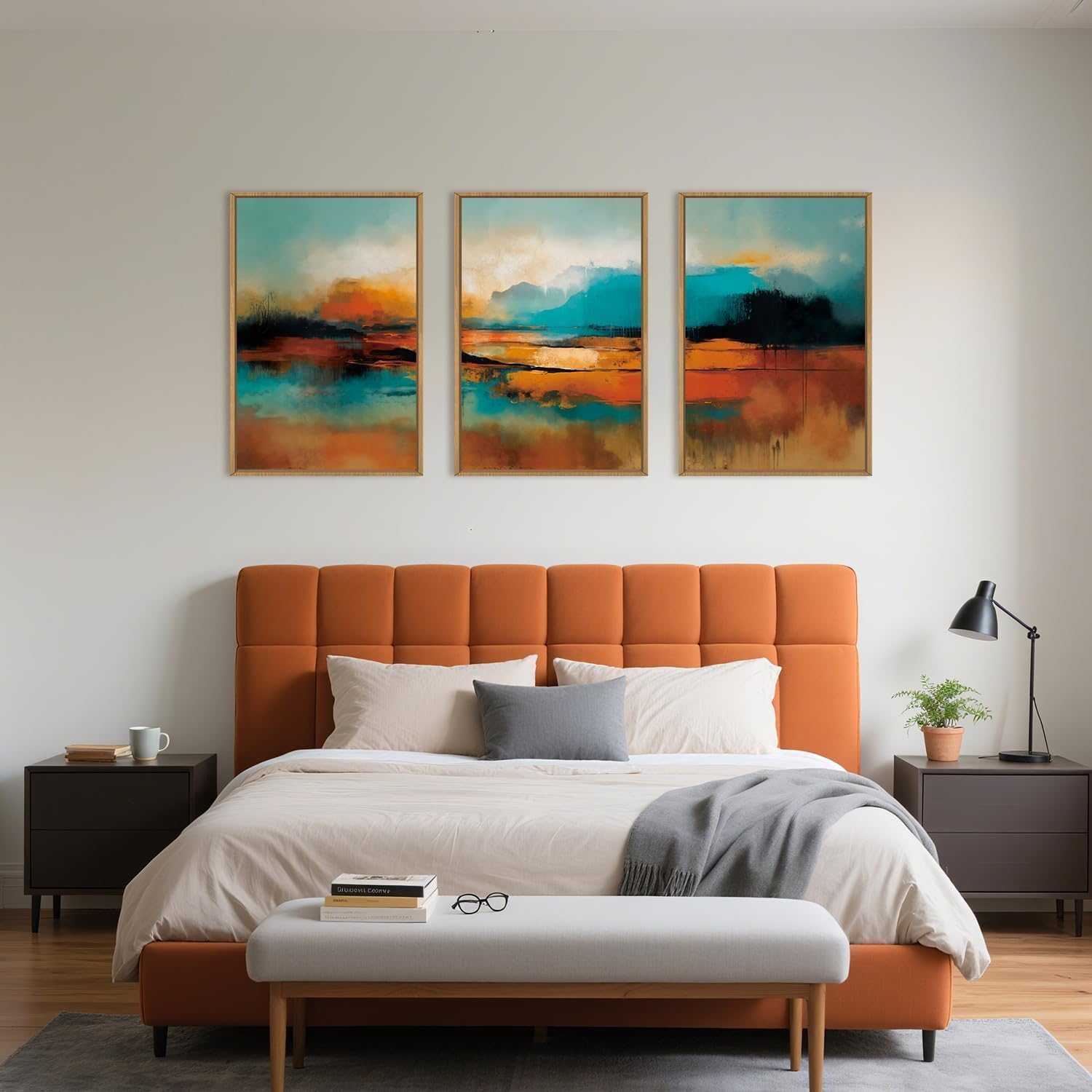 Large Abstract Burnt Orange Framed Canvas Wall Art,Neutral Blue and Black Wall Decor,Modern Brush Stroke Artwork,Minimalist Watercolor Art Print for Living Room,Bedroom,Office- 24'x36'x3