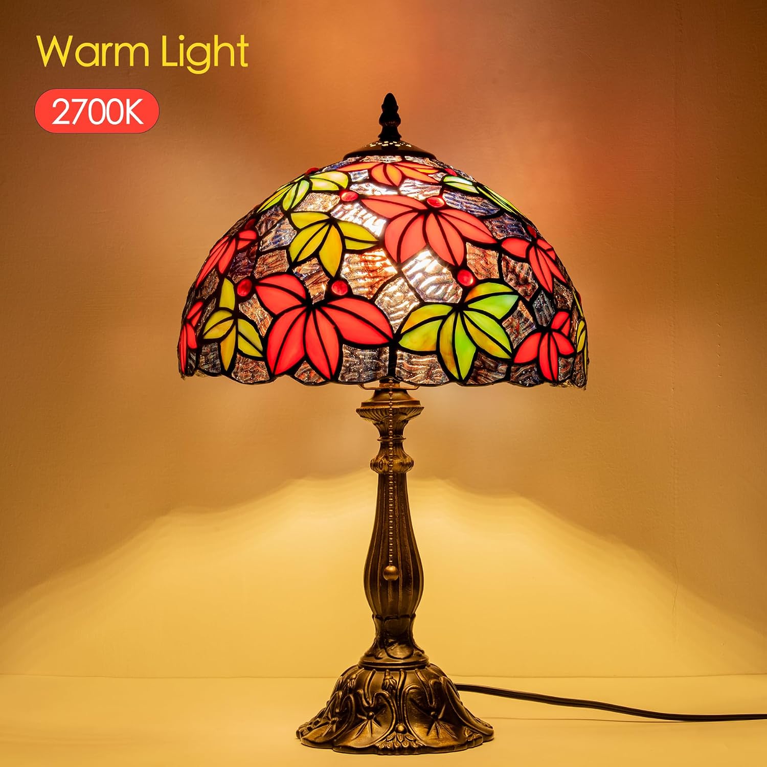 Tiffany Style Stained Glass Table Lamp, Maple Leaf Desk Light with Antique Bronze Resin Base, Multicolor Reading Lighting for Bedroom, Living Room, Office 12'X12'X19 (Maple-Purple Blue)