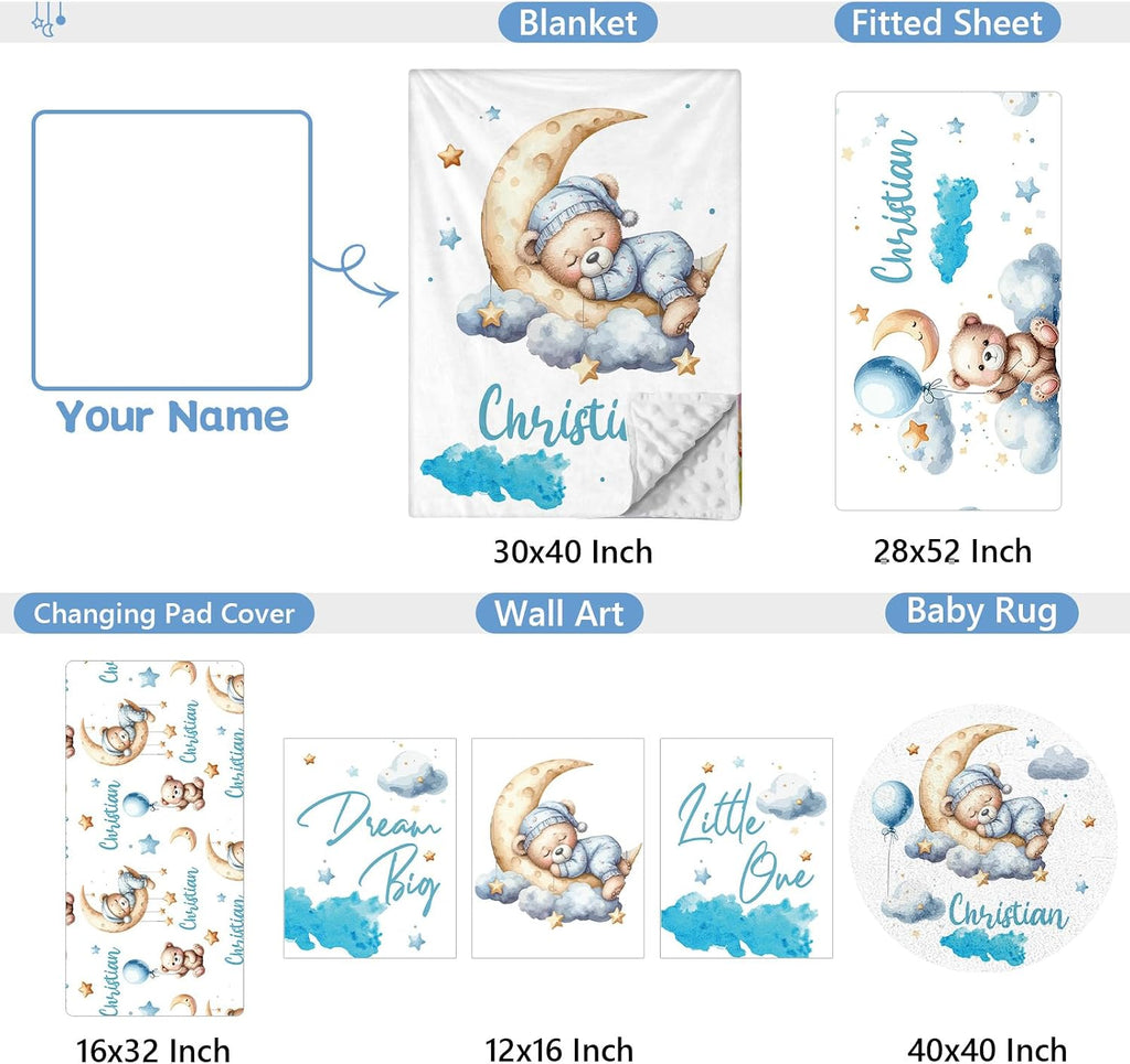 KAINSY Personalized Crib Set, 5 Pcs Custom Baby Crib Set with Name, Blue Moon Bear Baby Bedding Set for Boys Girls, Double Layer Nursery Bedding Set, Toddlers Infants New Parents Gift
