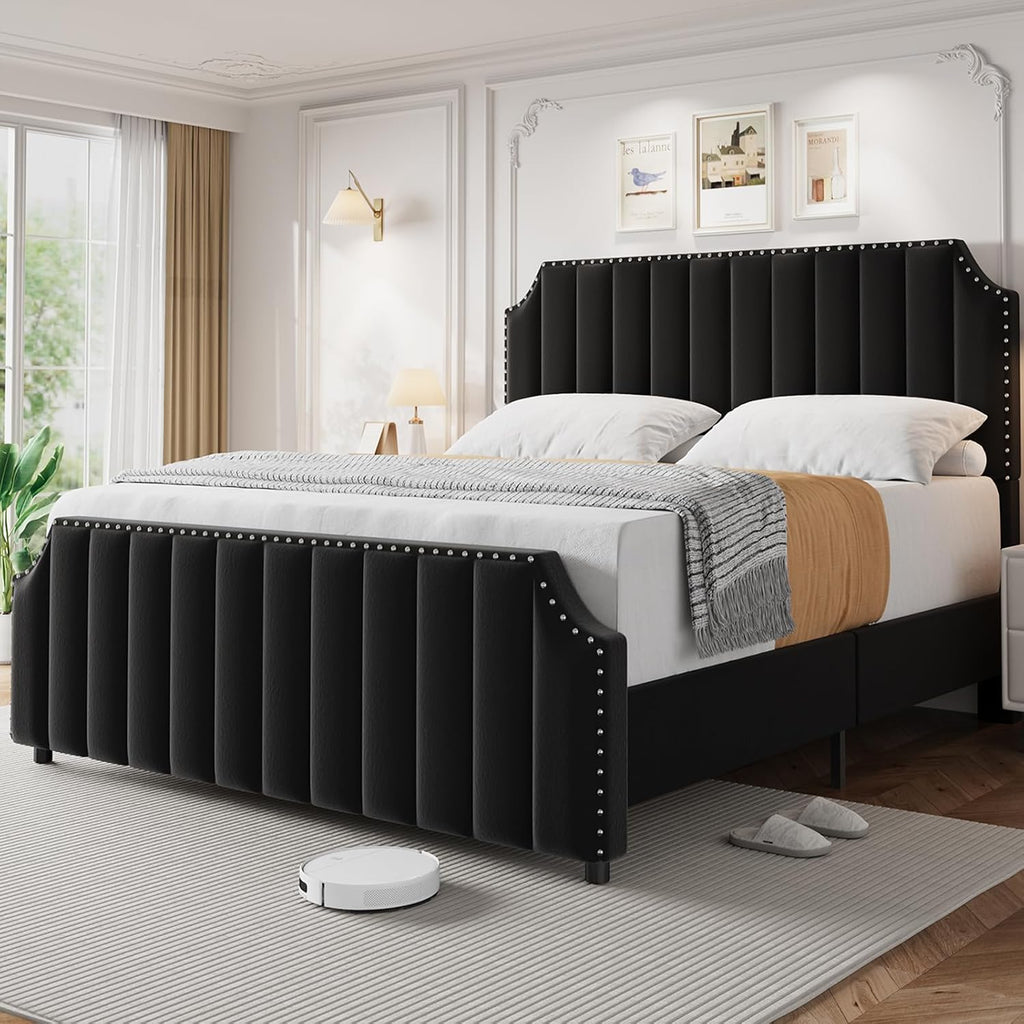 Queen Size Bed Frame, Platform Bed Frame with Velvet Upholstered 50.2'' Headboard, Rivet Decoration, Strong Wooden Slats, No Box Spring Needed, Easy Assembly, Black