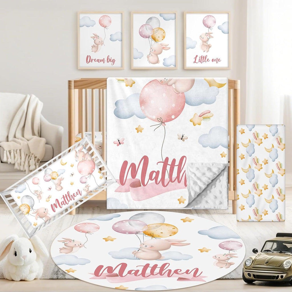Custom Baby Crib Bedding Set, 5 PCS Personalized Name Baby Crib Sets for Girls Boys, Pink Rabbit Theme Nursery Bedding Sets for Infant Toddler, Double Layer Flannel Bed Set Customized Gifts